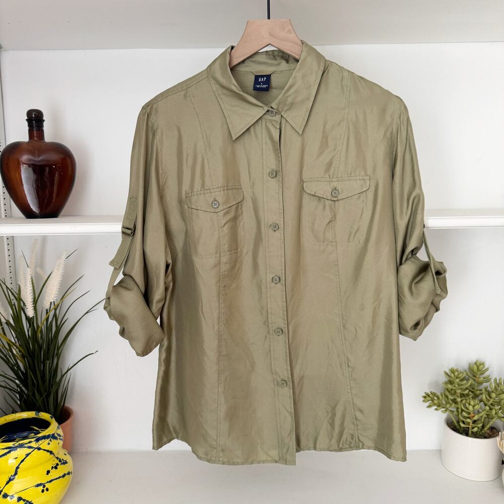 Vintage Y2K Gap 100% Silk Olive Green Blouse Size L